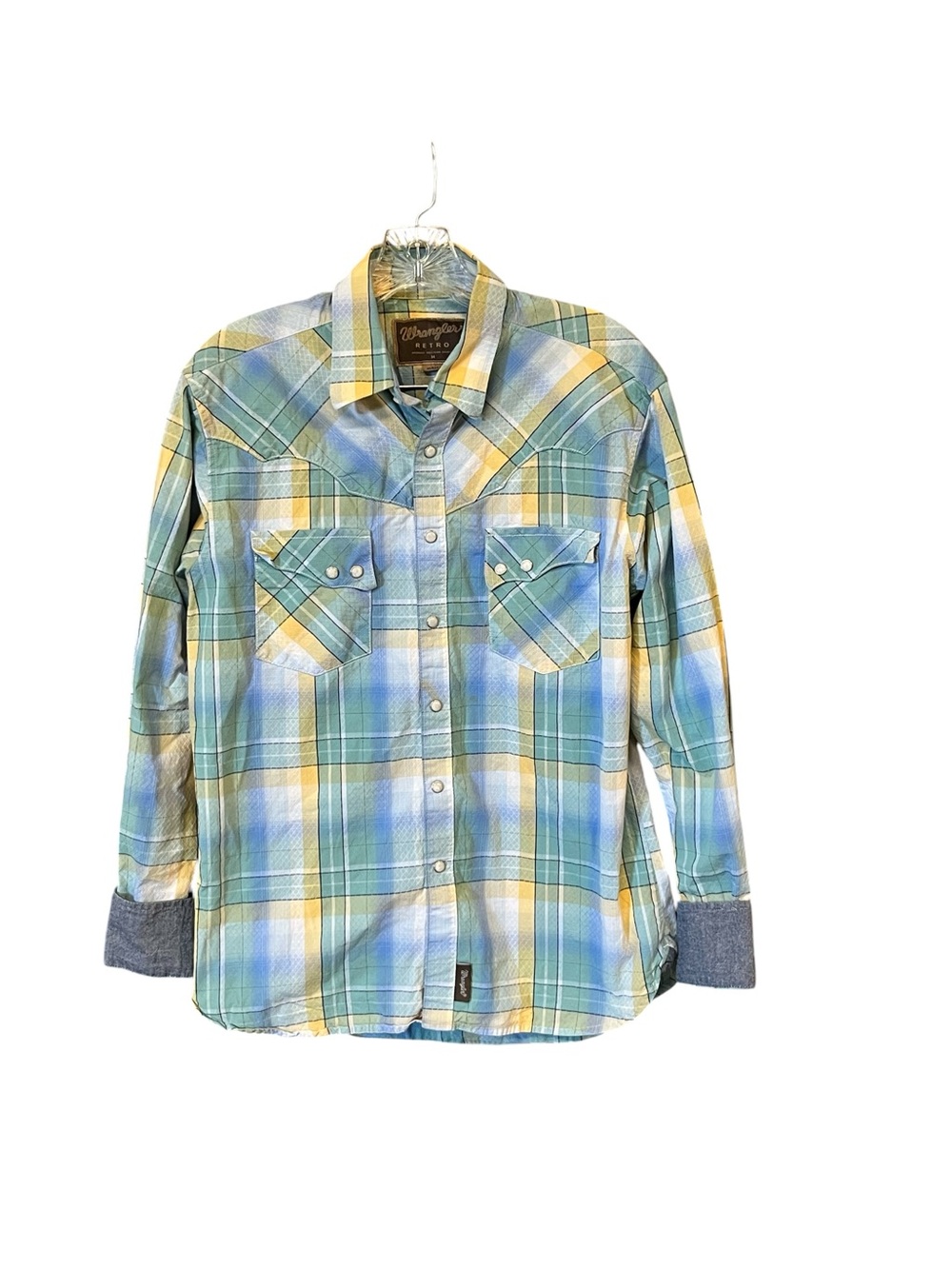 Wrangler Retro Western Pearl Snap Plaid Shirt Medium Blue Yellow Long Sleeve
